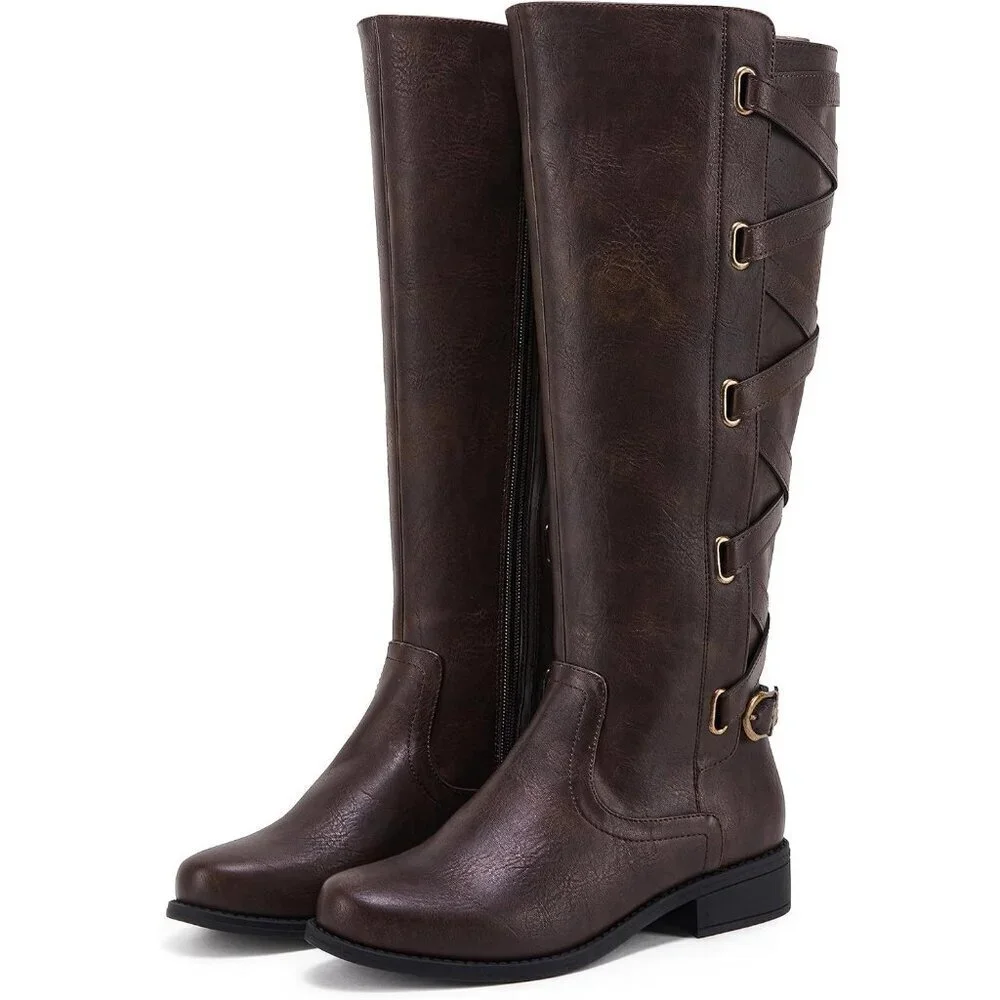🆕Women Faux Leather Dark Brown Strappy Motorcycle Knee High Riding Lace Up Boot